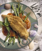 Cornmeal Crusted Croaker on Asparagus with Fresh Tomato Sauce