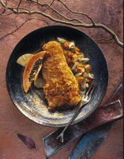 Potato Chip Encrusted Striped Bass With Sautéed Backfin Crab, Papaya and Fresh Pineapple C