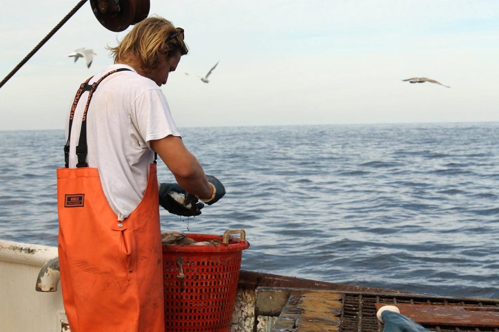 A man in an orange apron stands aboard a boat shucking oysters.